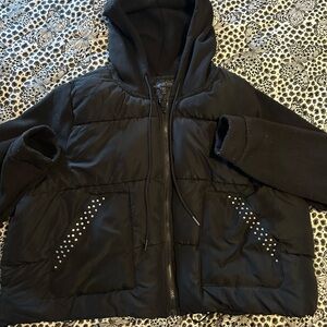 Black Hooded Puffer Jacket with Studded Pockets